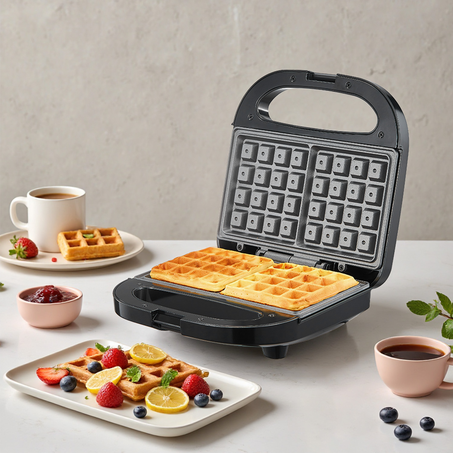 Waffle Iron Belgian - 2슬라이스 벨기에 와플 메이커, 논스틱 플레이트,