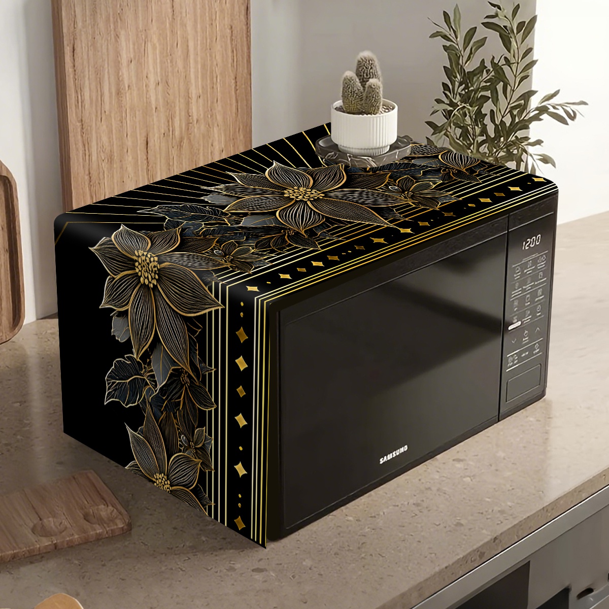 Kitchen Appliances Luxury - 럭셔리 블랙 골드 꽃 무늬 전자레인지